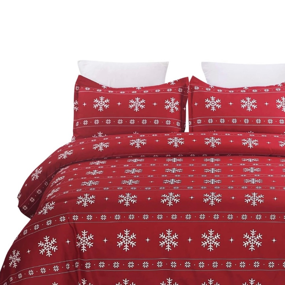 Holiday Christmas Duvet Cover and Shams Red White Snowflakes Bedding